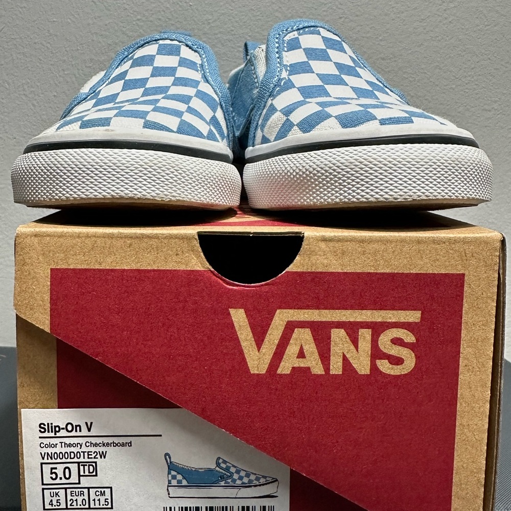 Vans Light Blue and White Checkerboard Slip-Ons